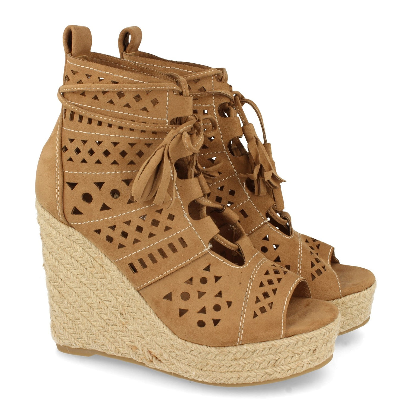Sandalia 1A-0005-Beige de Cuña con Yute y Borlas