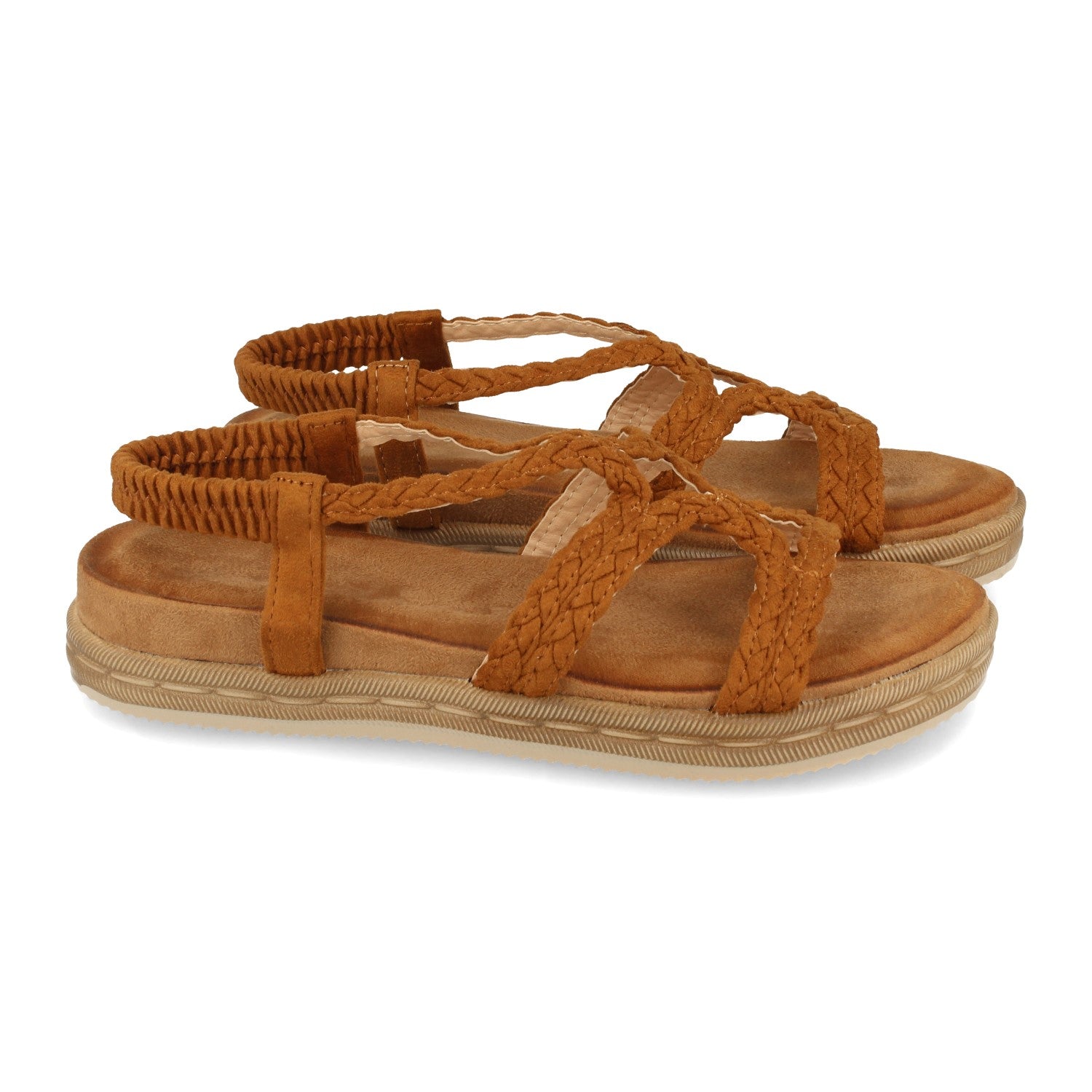 Cautivadora Sandalia 1AF-1207-Camel Plana y Cómoda para Mujer con Palas Cruzadas y Cierre de Elástico para Confort Todo el Día