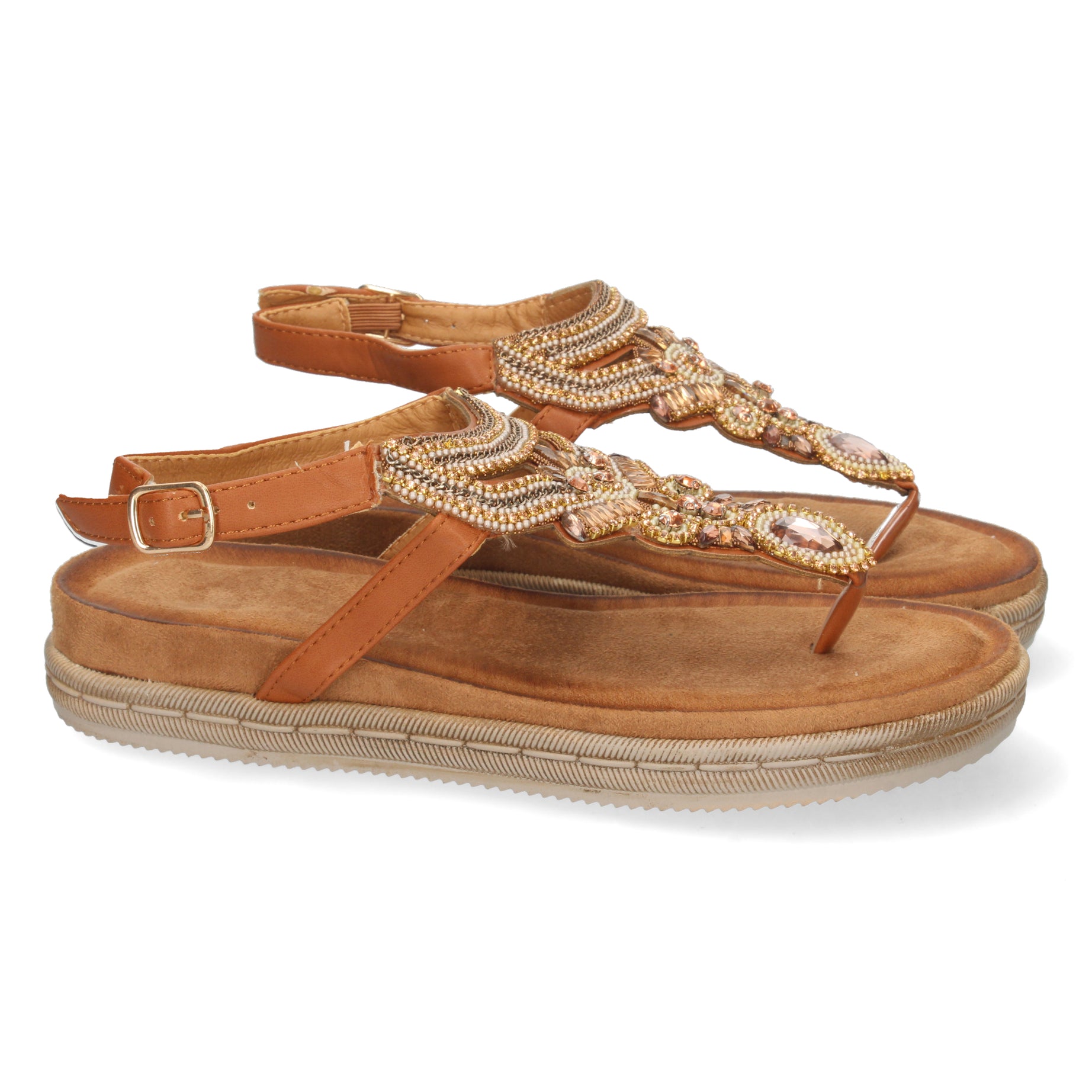 Sandalia Estilo Esclava 1AF-1669-Camel con Piedras Brillantes