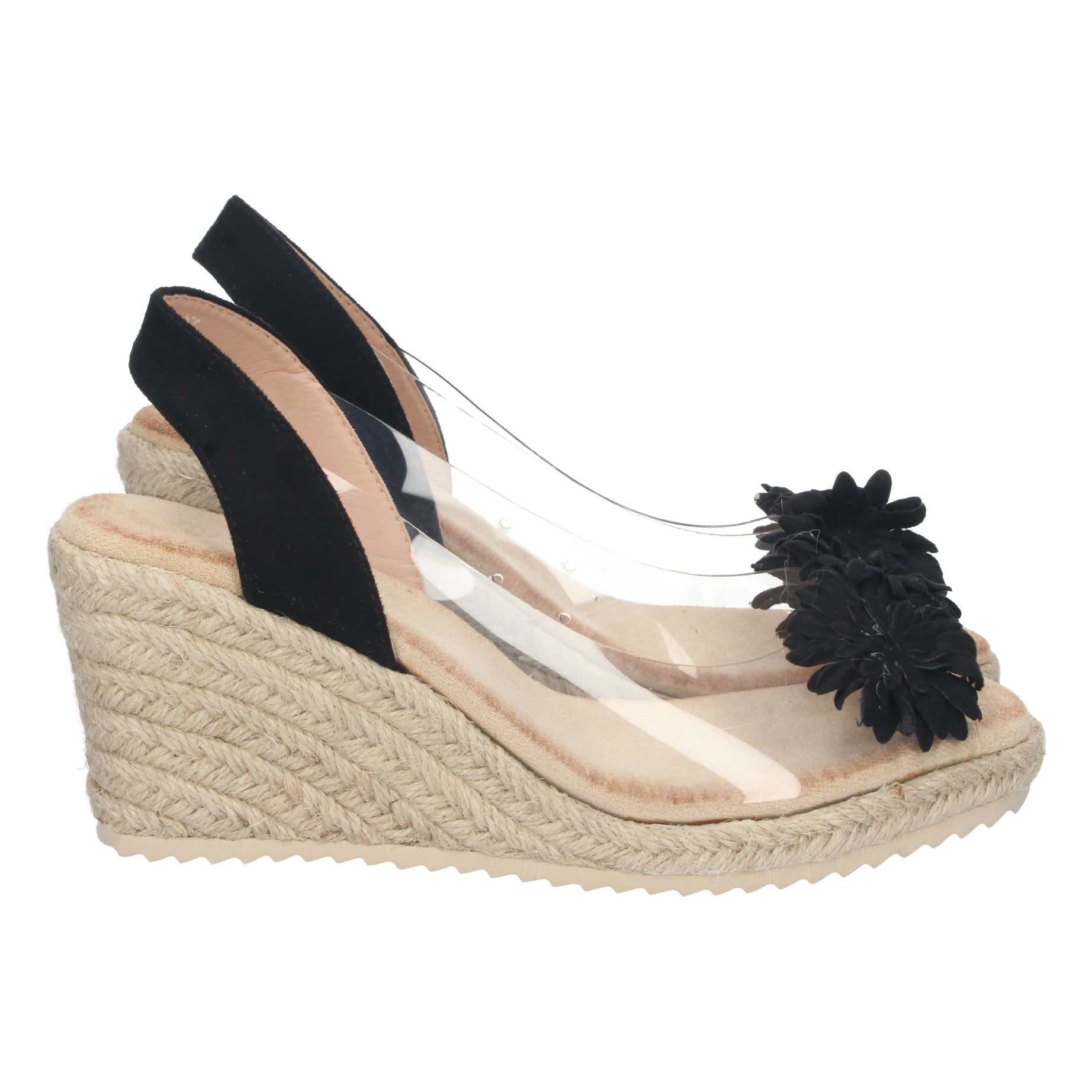 Sandalia Cuña Mujer 1CF-1728-Negro Yute con Flores