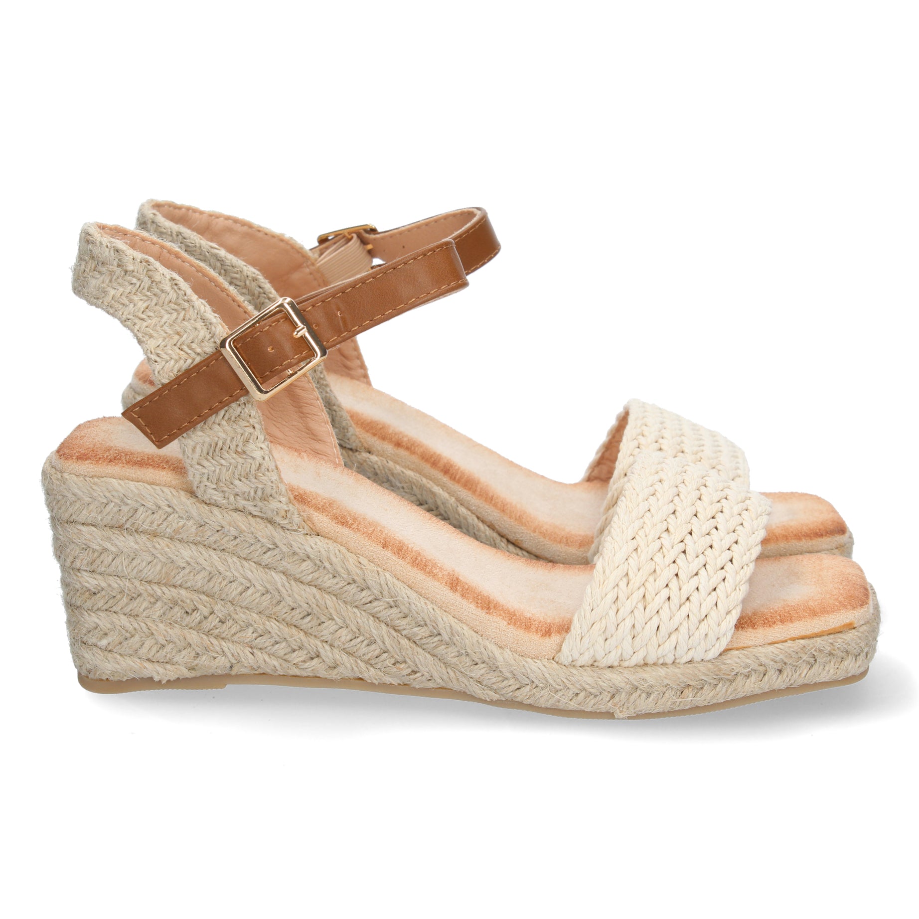 Elegante Sandalia 2CF-2153-Beige Cuña Mujer Comoda Primavera Verano Con Pala Trenzada Para Estilo y Confort