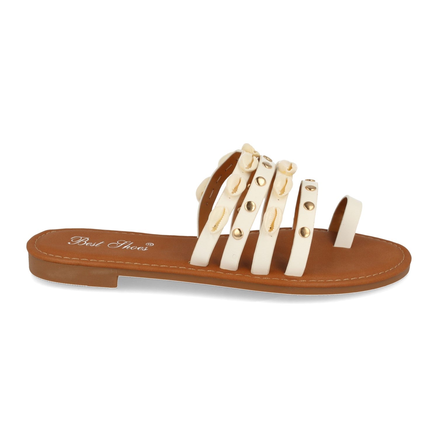 Elegante Sandalia Plana 2R33-Blanco Con Conchas Para Verano