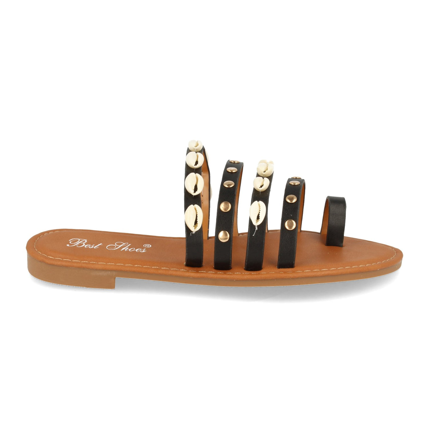 Elegante Sandalia Plana 2R33-Negro Con Conchas Talón Abierto