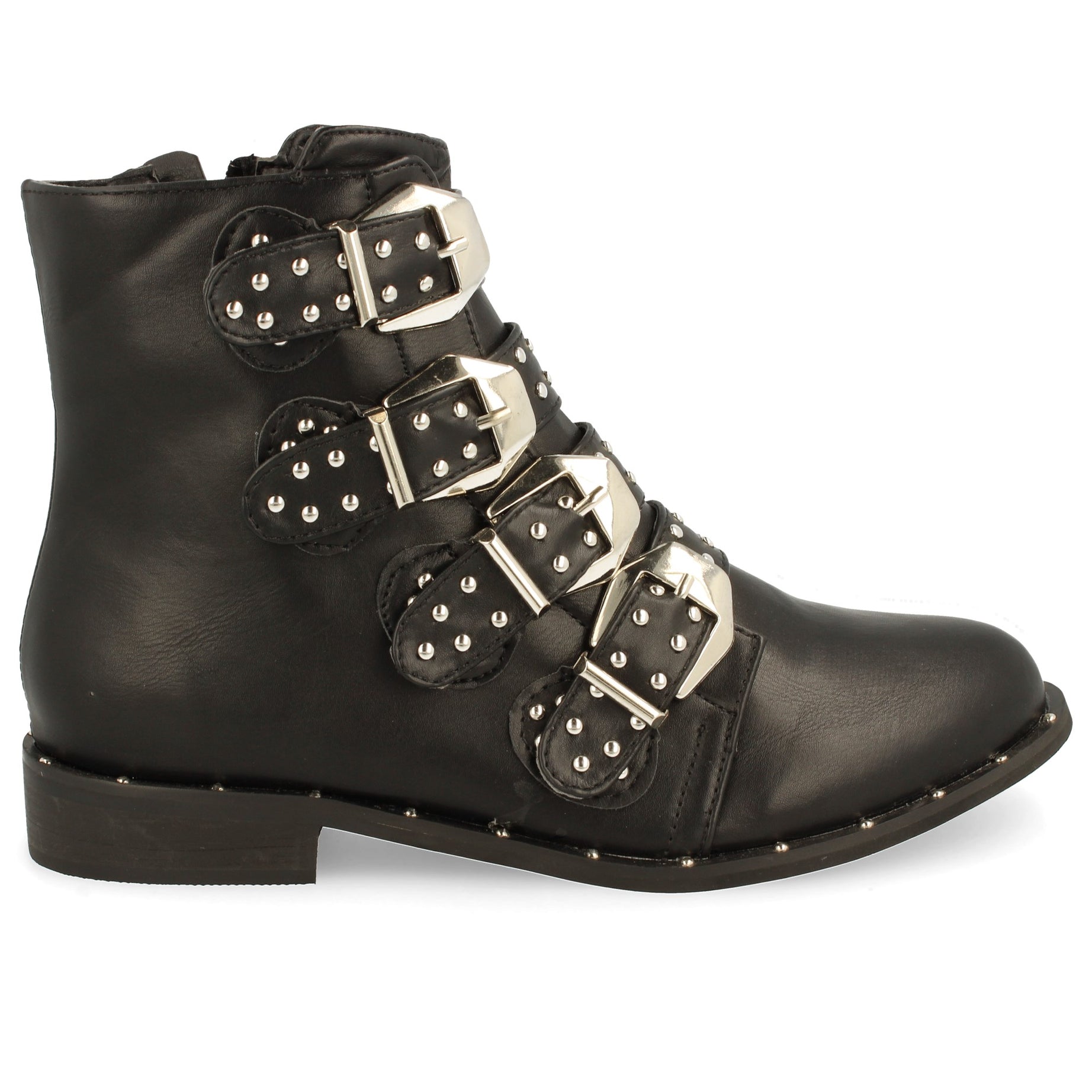 Botines Planos 2UA-17654-Negro Con Hebillas Y Cremallera